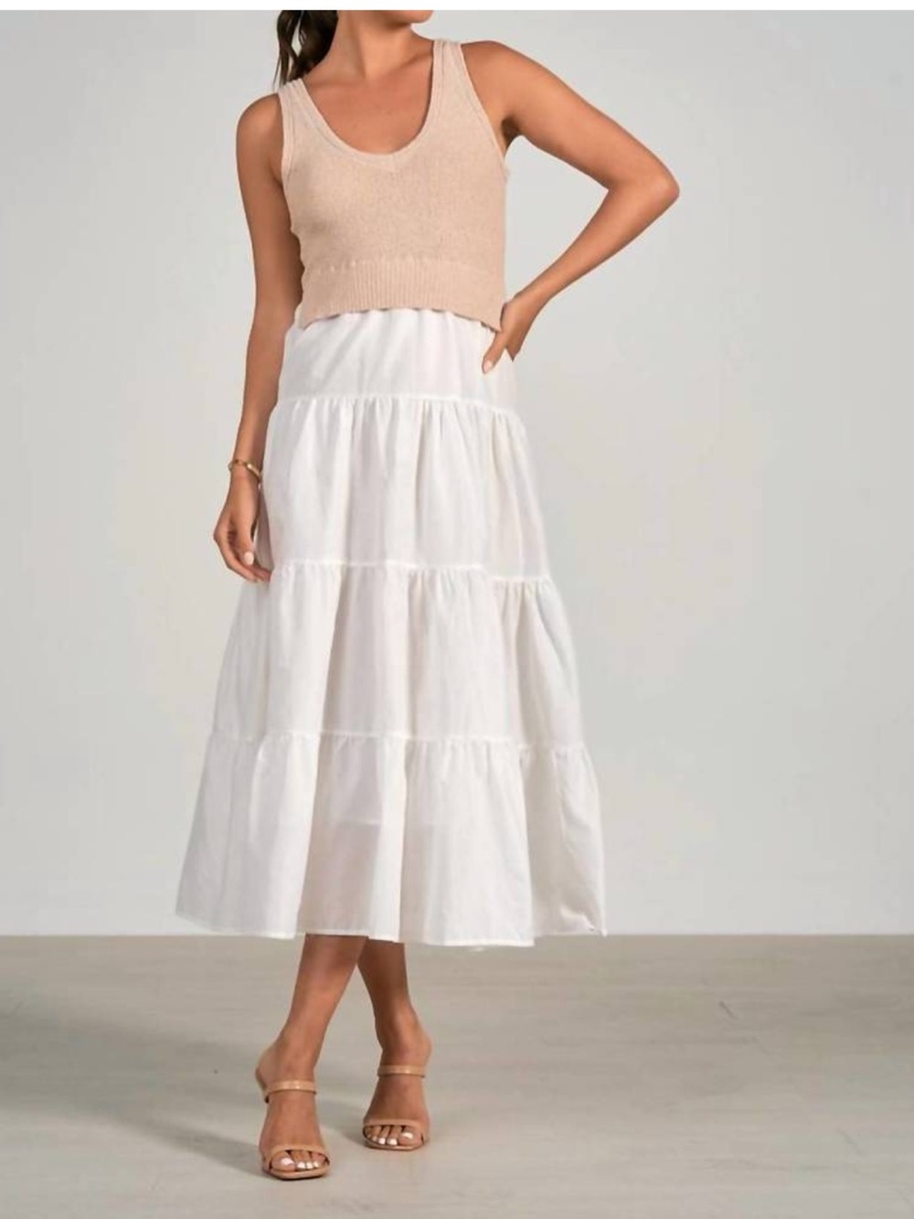 Elan White Tiered Maxi Dress with Tan Knit Sweater Tank - Picture 3 of 16